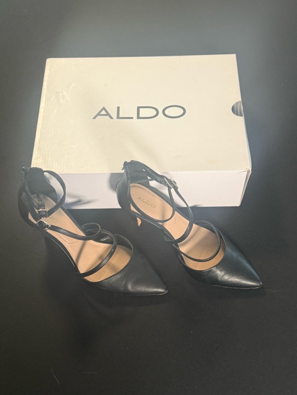 ALDO Milley Black Strappy Pointed Toe Ankle Strap Heels